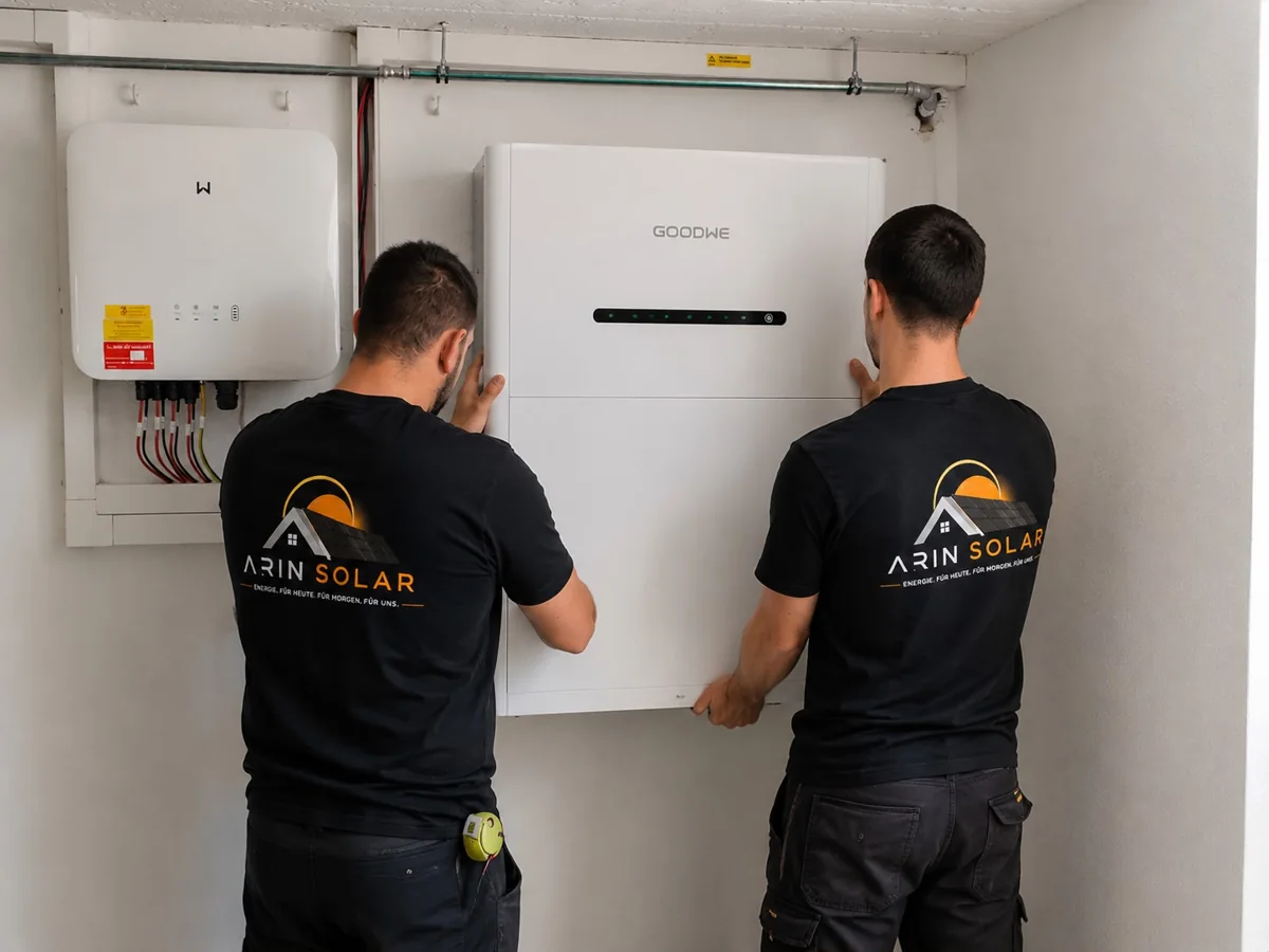 Zwei ARIN Solar Mitarbeiter bei der Montage eines GoodWe Energiesystems im Technikraum