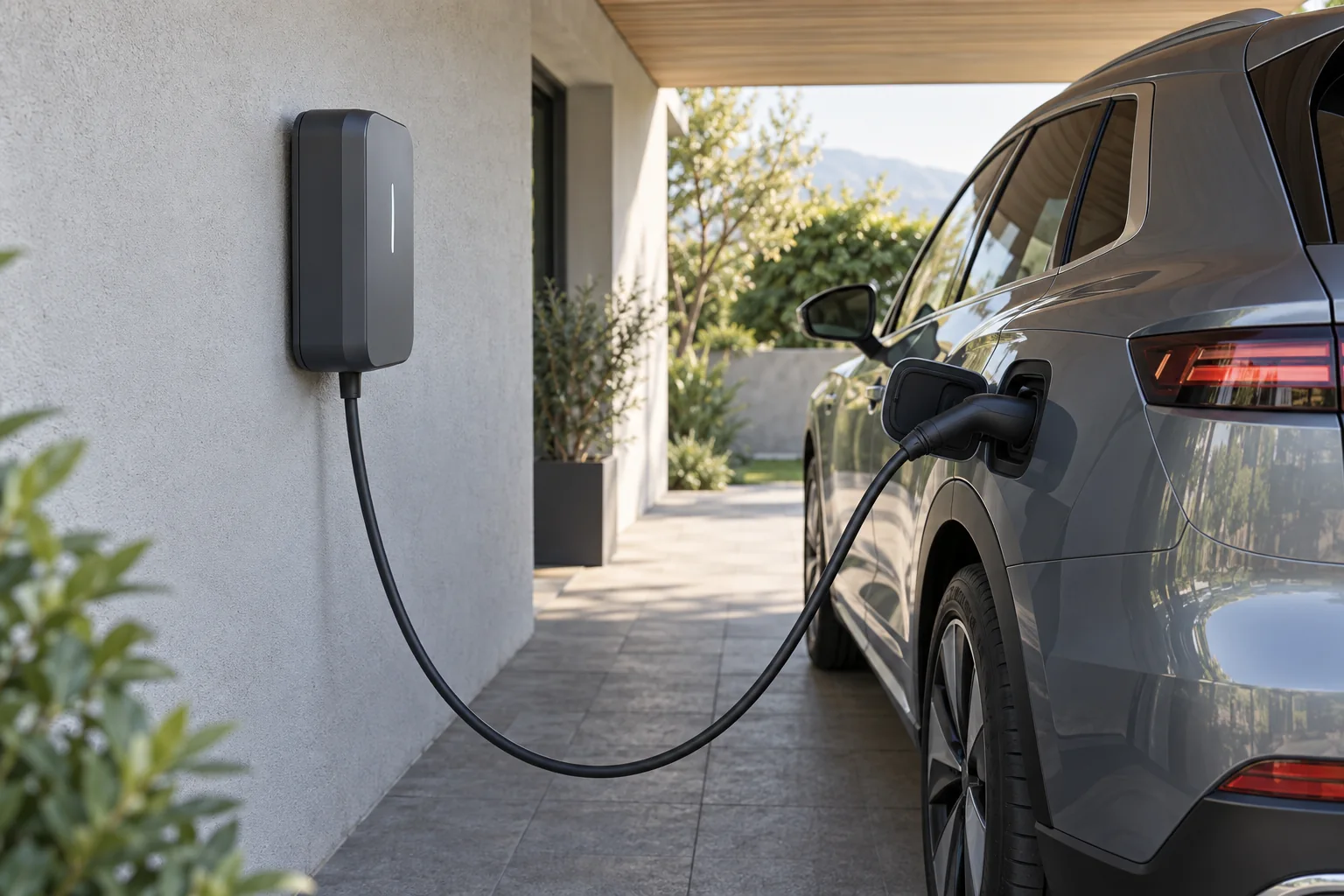 Wandmontierte Wallbox mit Ladekabel am angeschlossenen Elektroauto im Carport – KI-generiertes Symbolbild